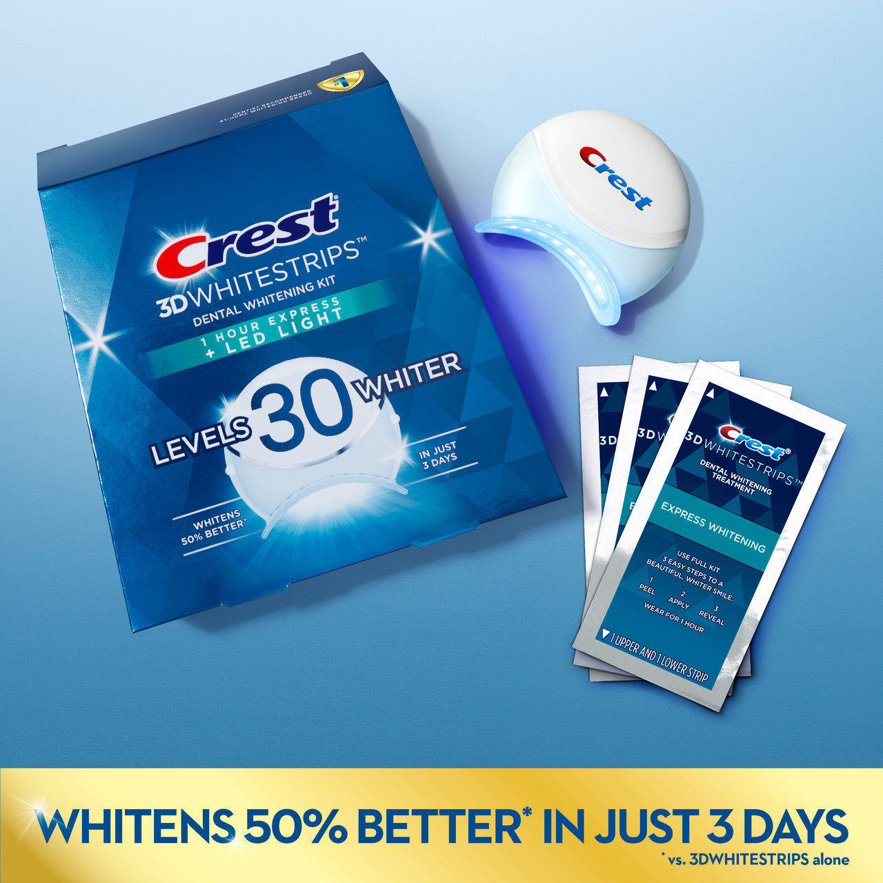 Light Oral-B Crest 3DWhitestrips Dental Whitening Kit 1 Hour Express + LED Accessories | SG_OB75871